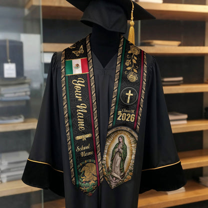 Mexico Graduation Stole 2026 - Personalized Virgin Mary Rose Butterfly Gold Sash