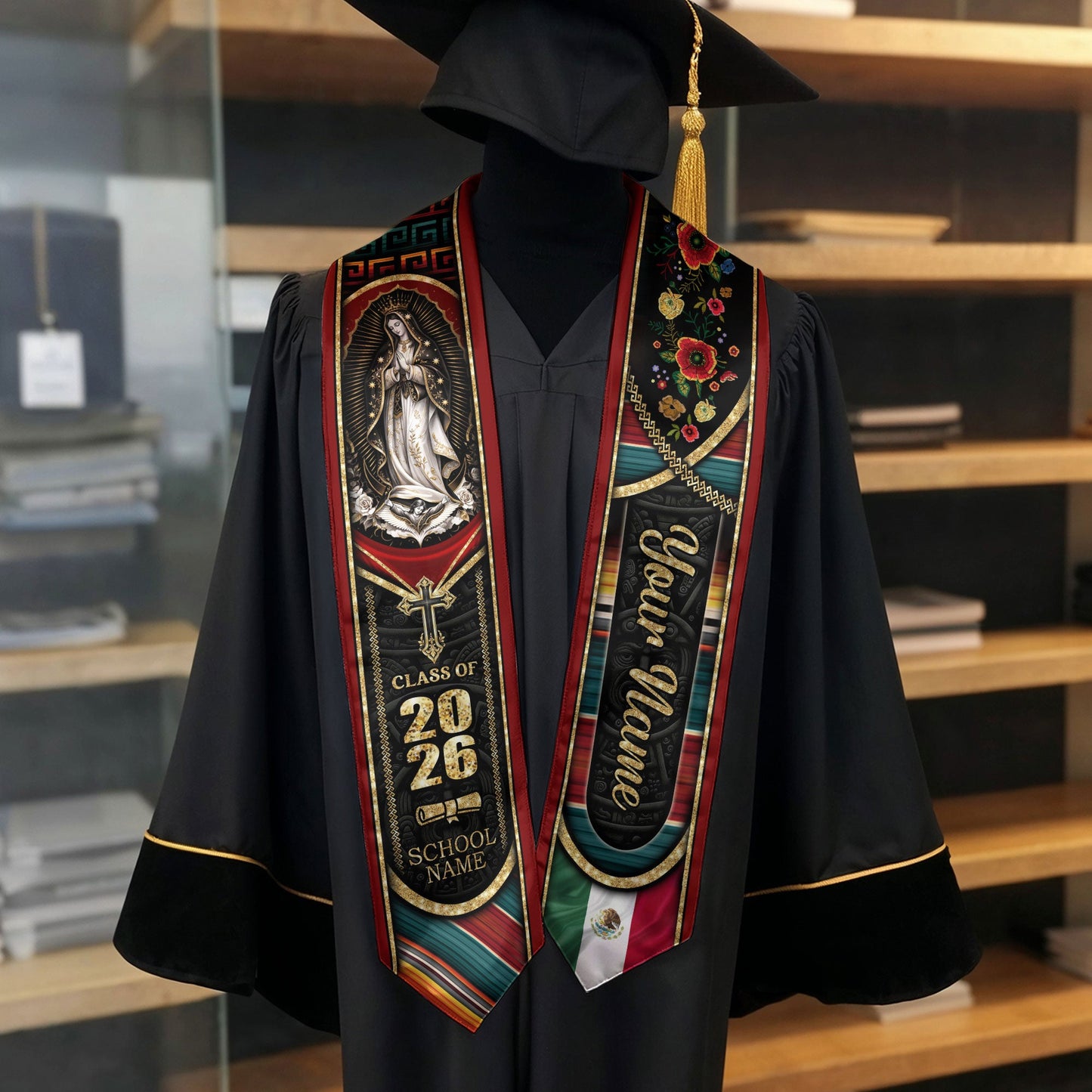 Mexican Heritage Graduation Stole 2026 - Custom Name Floral Embroidered Virgin Mary Sash