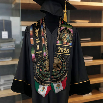 Mexican Flag Graduation Stole 2026 - Personalized Name School Eagle Serape Sash