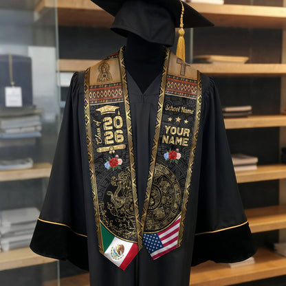 Mexico Graduation Stole 2026 Aztec Calendar Virgin Mary Personalized Sash Gift