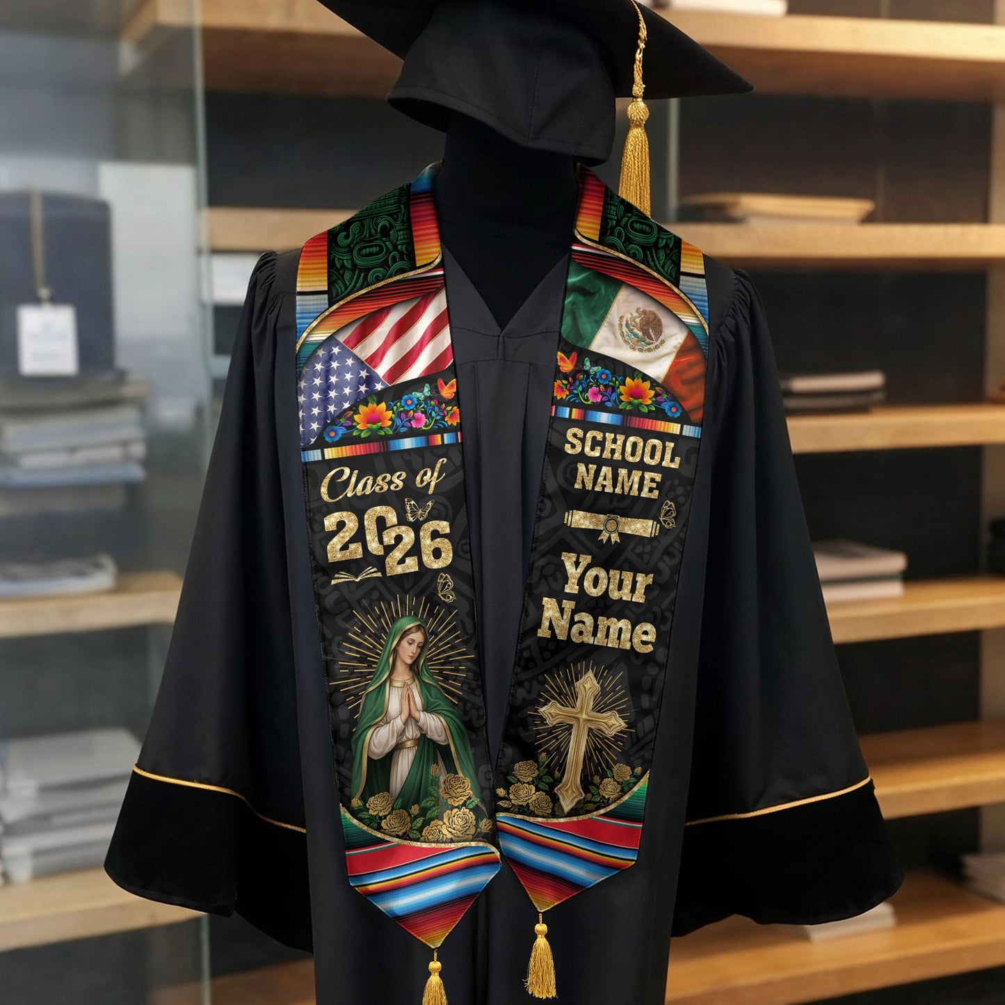 Custom Mexican American Graduation Stole Class of 2026 Our Lady of Guadalupe Mexico Tassel Sash