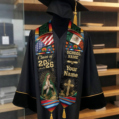 Custom Mexican American Graduation Stole Class of 2026 Our Lady of Guadalupe Mexico Tassel Sash