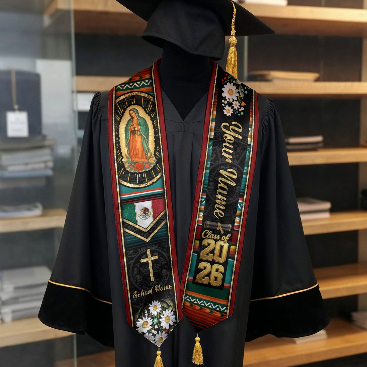 Custom White Floral Mexico Graduation Stole Tassel Class of 2026 Virgin Mary Sash Gift