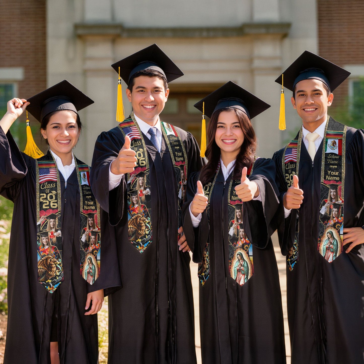 Custom Photo Mexican Stoles for Graduation 2026 Aztec Eagle & Virgin Mary USA Flag Sash