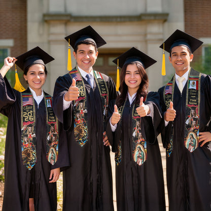 Custom Photo Mexican Stoles for Graduation 2026 Aztec Eagle & Virgin Mary USA Flag Sash