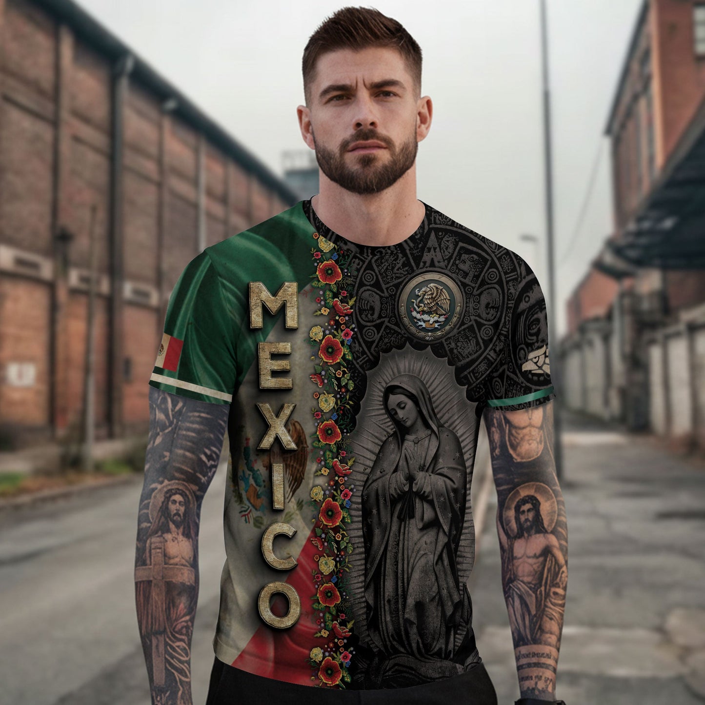 Mexico Heritage Shirt 2-Pack Bundle – Aztec Sun Stone Black Pattern + Guadalupe Floral Flag National Pride