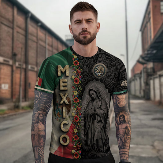Mexico Heritage Shirt 2-Pack Bundle – Aztec Sun Stone Black Pattern + Guadalupe Floral Flag National Pride