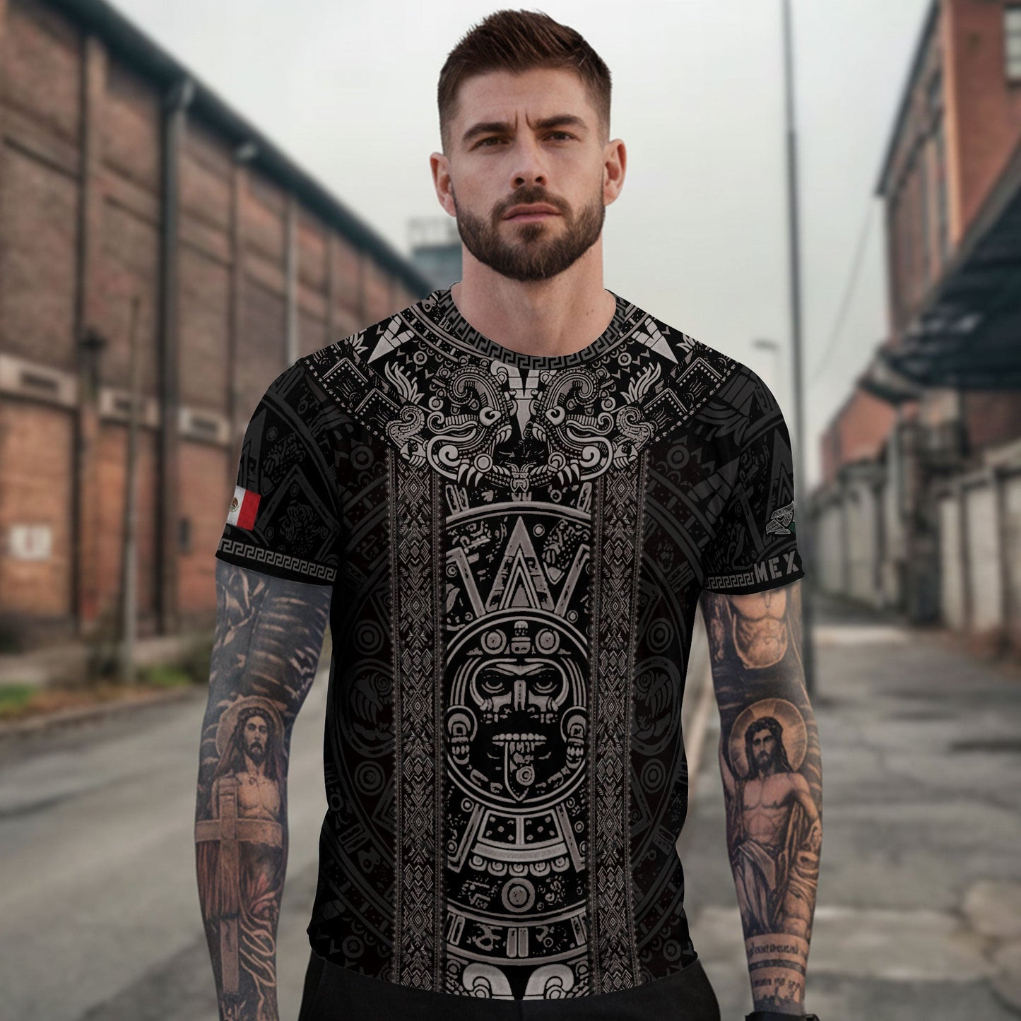 Mexico Heritage Shirt 2-Pack Bundle – Aztec Sun Stone Black Pattern + Guadalupe Floral Flag National Pride
