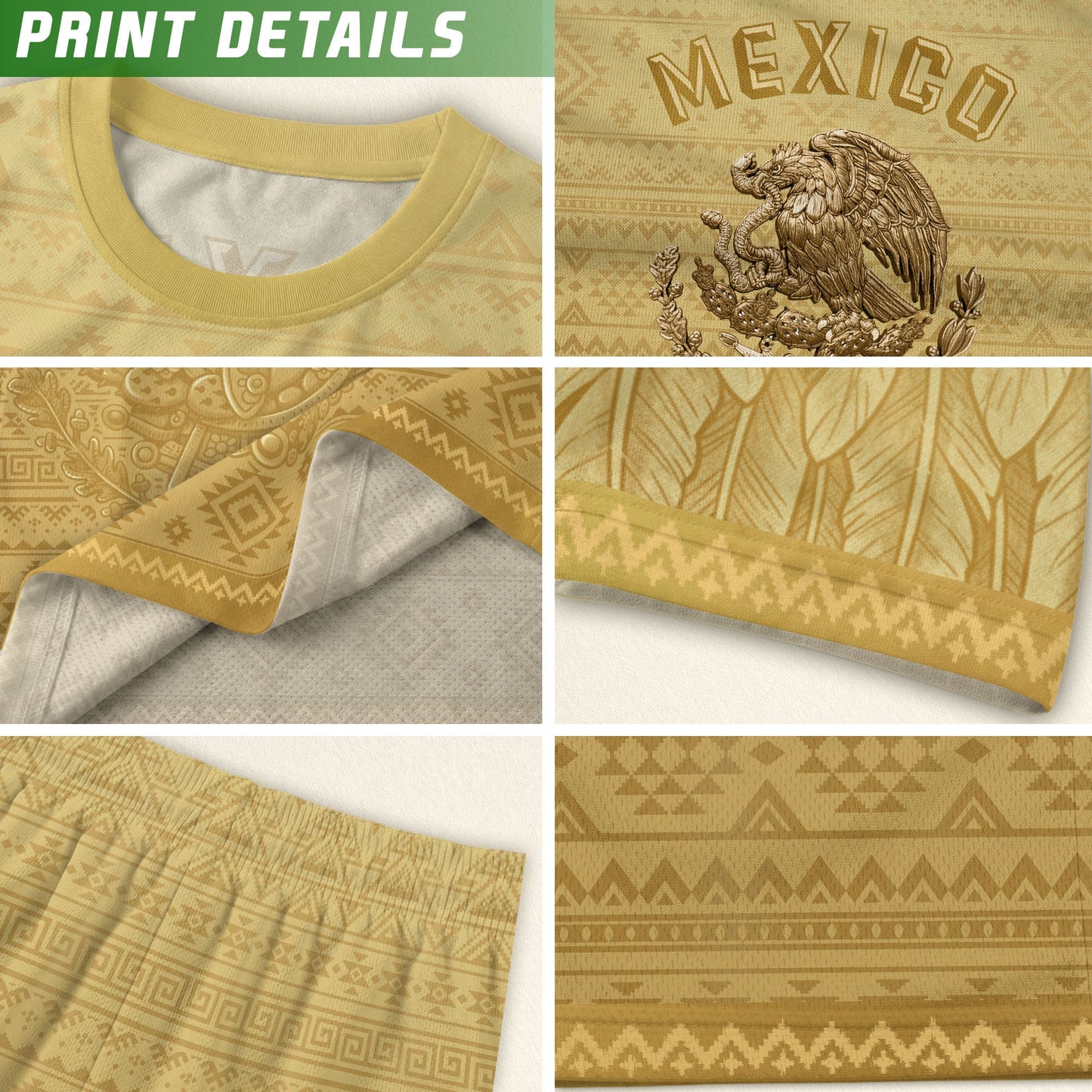 Mexico Heritage Soccer Jersey, Yellow Gold Aztec Calendar Design Sports Jersey for Men