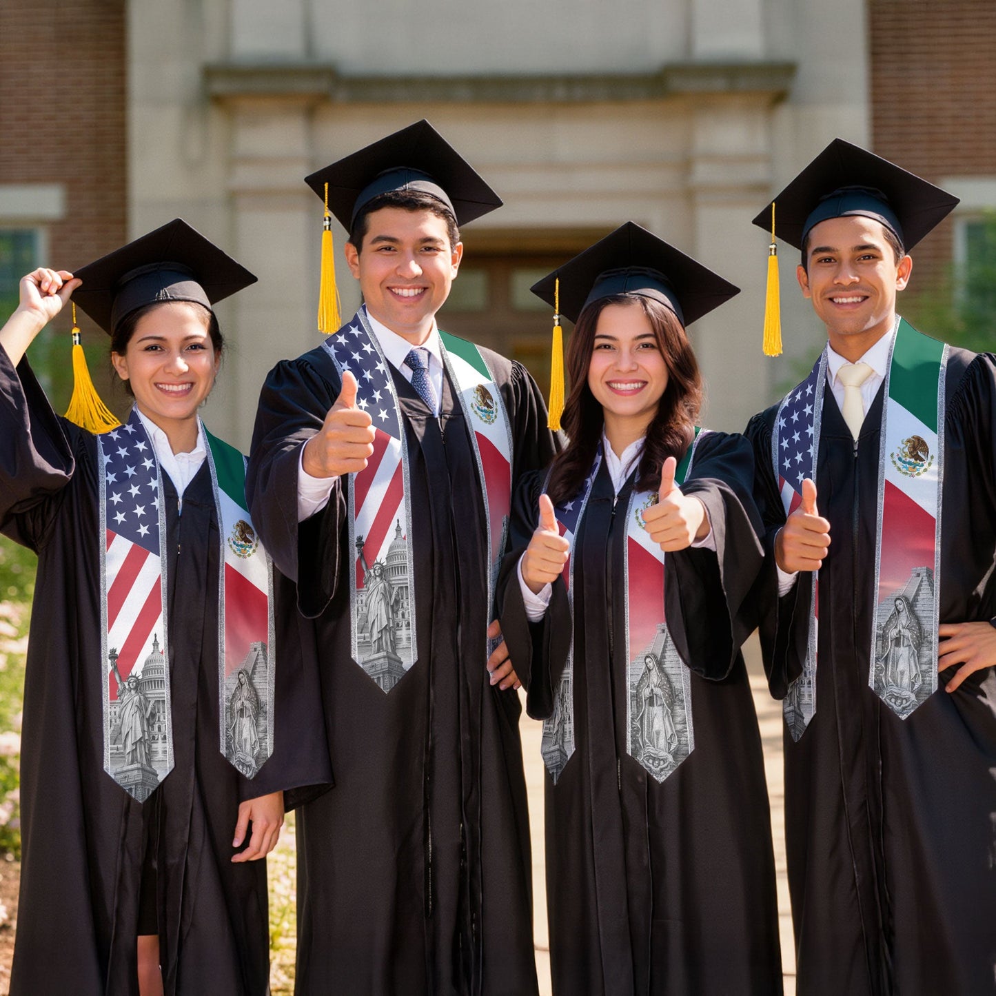 Mexican American Graduation Stole - Silver Glitter Mexico USA Flag Sash