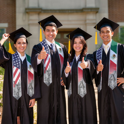 Mexican American Graduation Stole - Silver Glitter Mexico USA Flag Sash