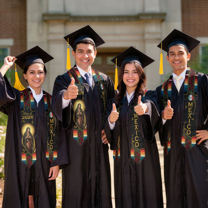 Mexico Graduation Stole 2026 - Floral Gold Cross Heritage Serape Sash