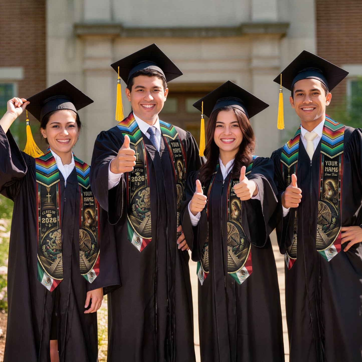Mexican Graduation Stole 2026 – Virgin Mary, Eagle, Aztec Design, Name & School Personalized Sash