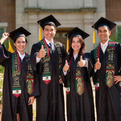 Personalized Mexican Graduation Stole 2026 - Aztec Pyramid & Guitar Heritage Sash