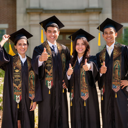 Class of 2026 Graduation Stole Mexico Flag Virgin Guadalupe Aztec Eagle Serape Tassel Sash