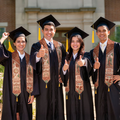 Personalized Mexico Graduation Stole 2026 Tassels Virgin Mary Terracotta Aztec Sash