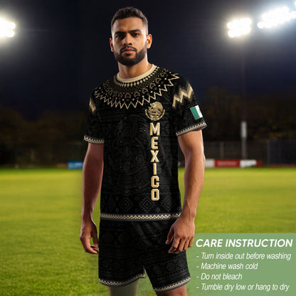 Mexico Heritage Soccer Jersey, Black Gold Aztec Pattern Design Jersey For Men