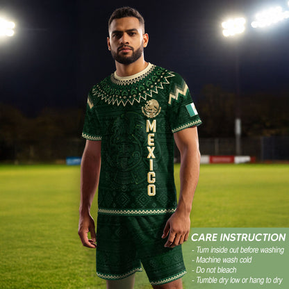 Mexico Heritage Soccer Jersey, Green Gold Aztec Calendar Design Sports Jersey for Men
