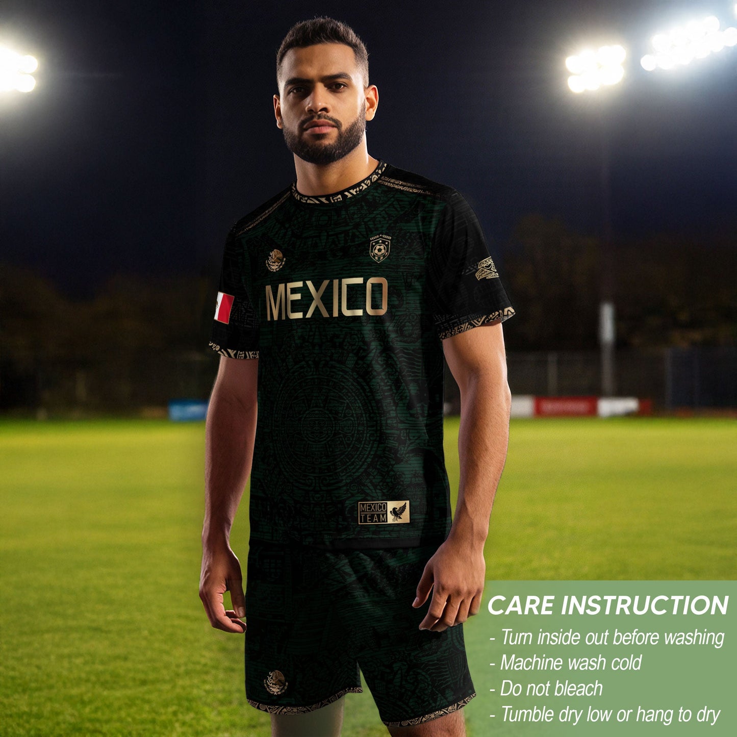 Mexico Heritage Dark Green Gold Vintage Athletic Aztec Calendar Soccer Jersey