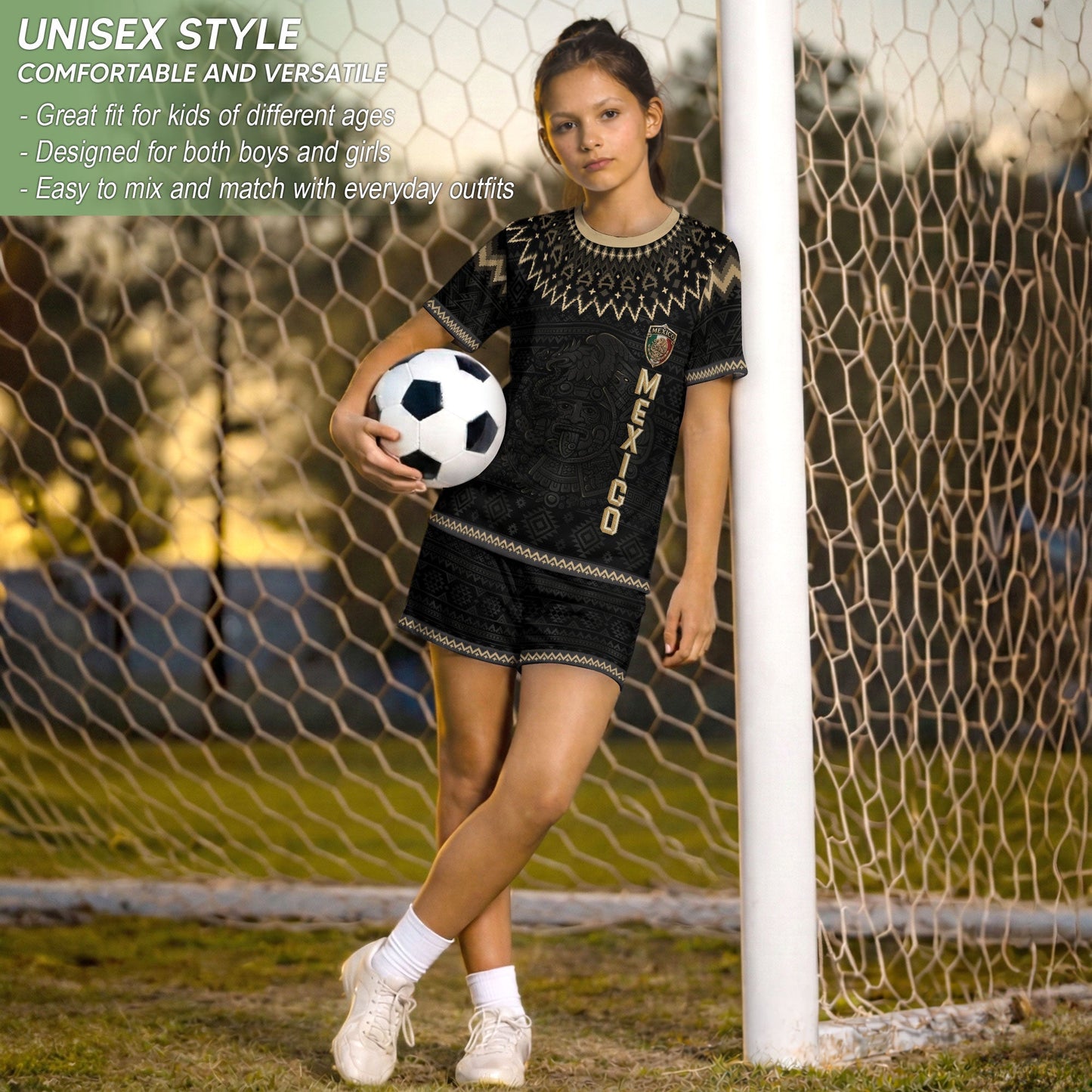 Mexico Soccer Jersey Kids Set Black Gold Aztec Calendar Youth Football Shirt Shorts