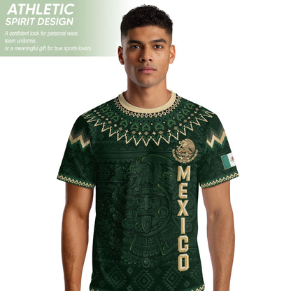 Mexico Heritage Soccer Jersey, Green Gold Aztec Calendar Design Sports Jersey for Men