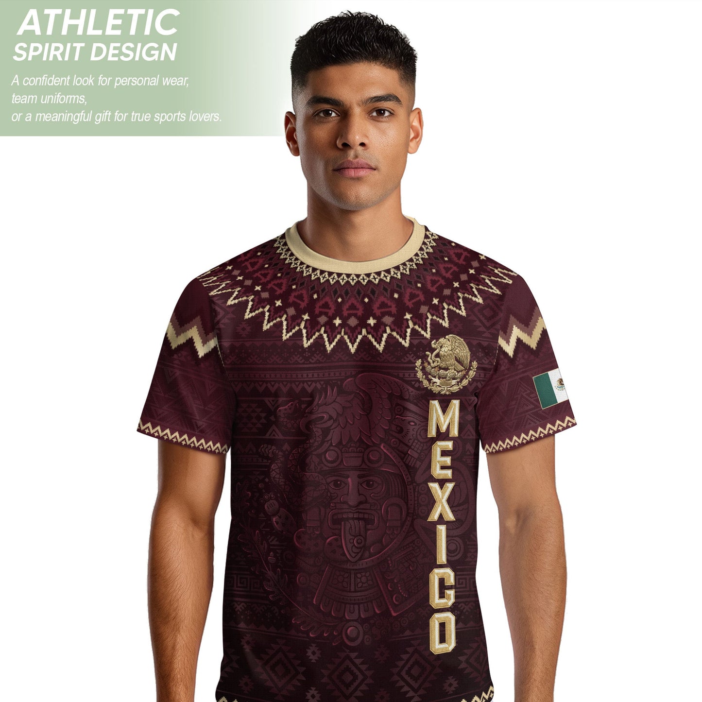 Mexico Heritage Soccer Jersey, Maroon Burgundy Gold Aztec Eagle Design Sports Jersey for Men