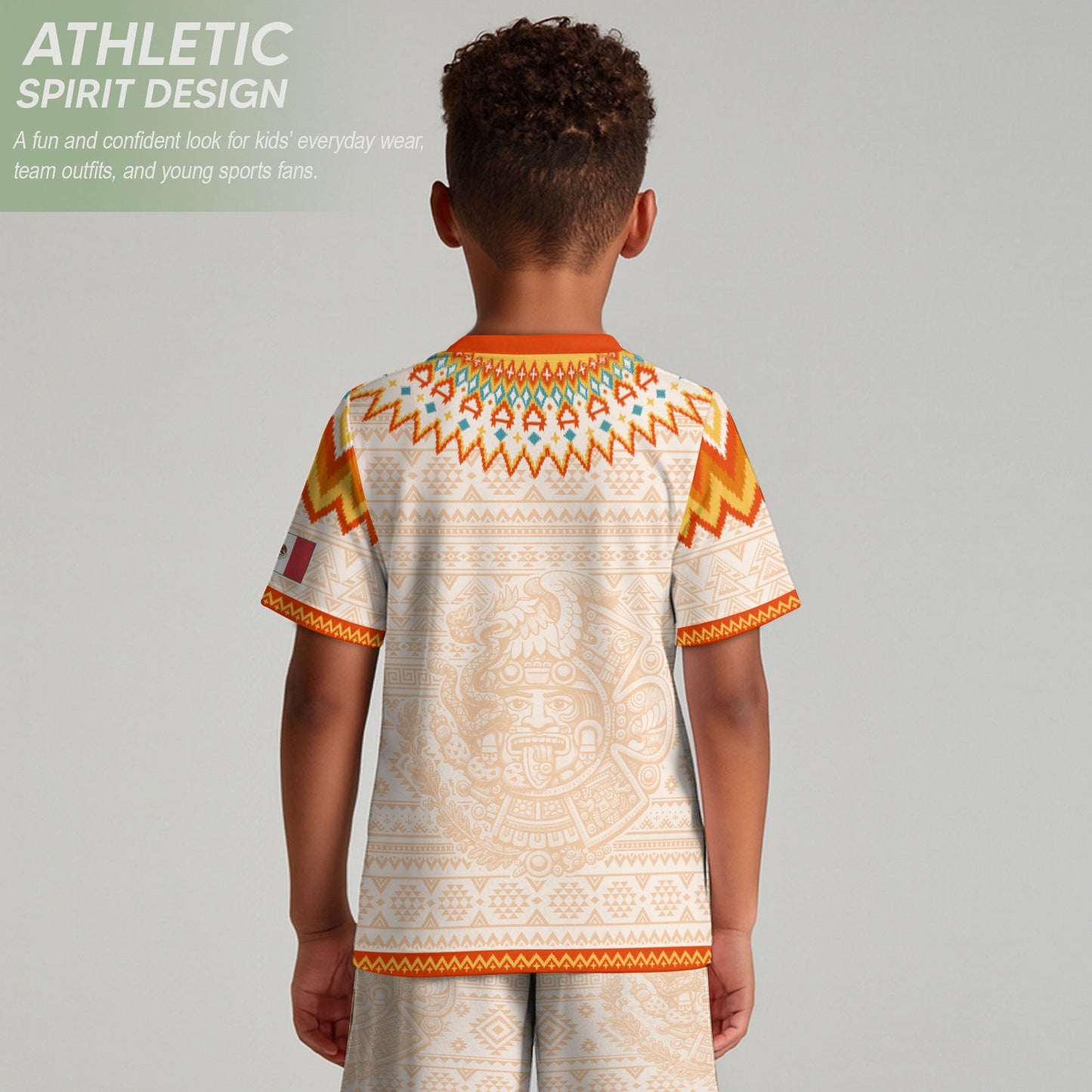 Beige Mexico Soccer Jersey Kids Set Aztec Calendar Mexican Youth Football Shirt Shorts