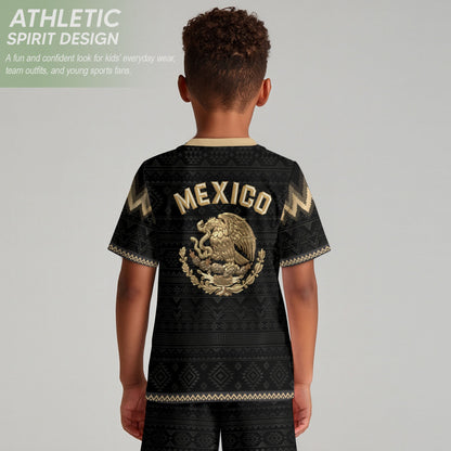 Mexico Soccer Jersey Kids Set Black Gold Aztec Calendar Youth Football Shirt Shorts