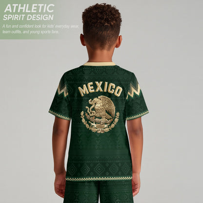 Mexico Soccer Jersey Kids Set Green Gold Aztec Calendar Youth Football Shirt Shorts