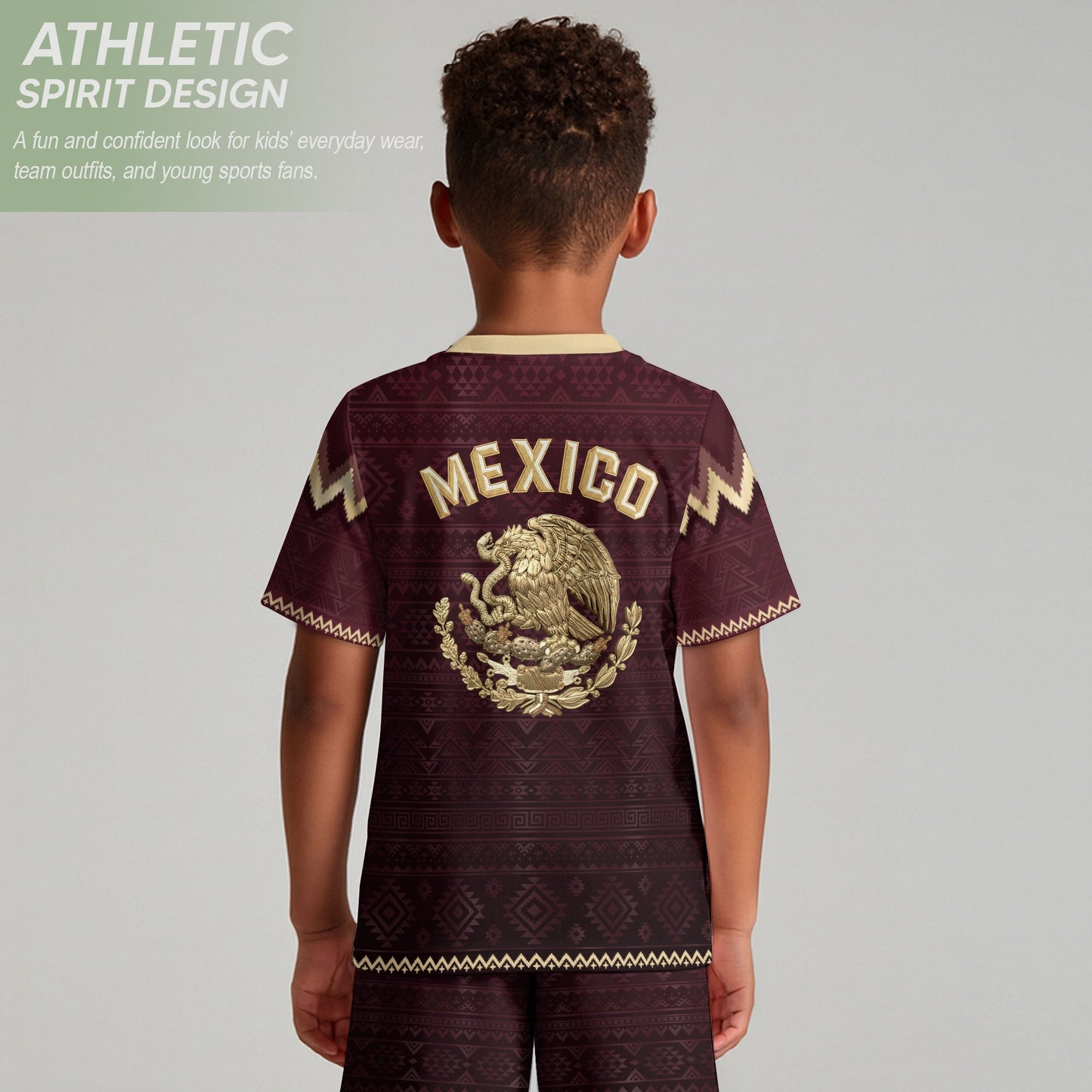 Mexico Soccer Jersey Kids Shorts Set Maroon Aztec Culture Youth Football Outfit Kit