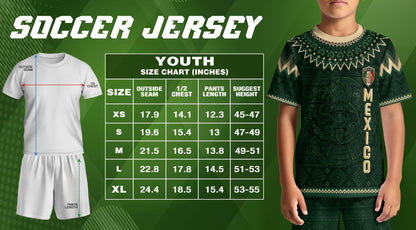 Mexico Soccer Jersey Kids Set Green Gold Aztec Calendar Youth Football Shirt Shorts