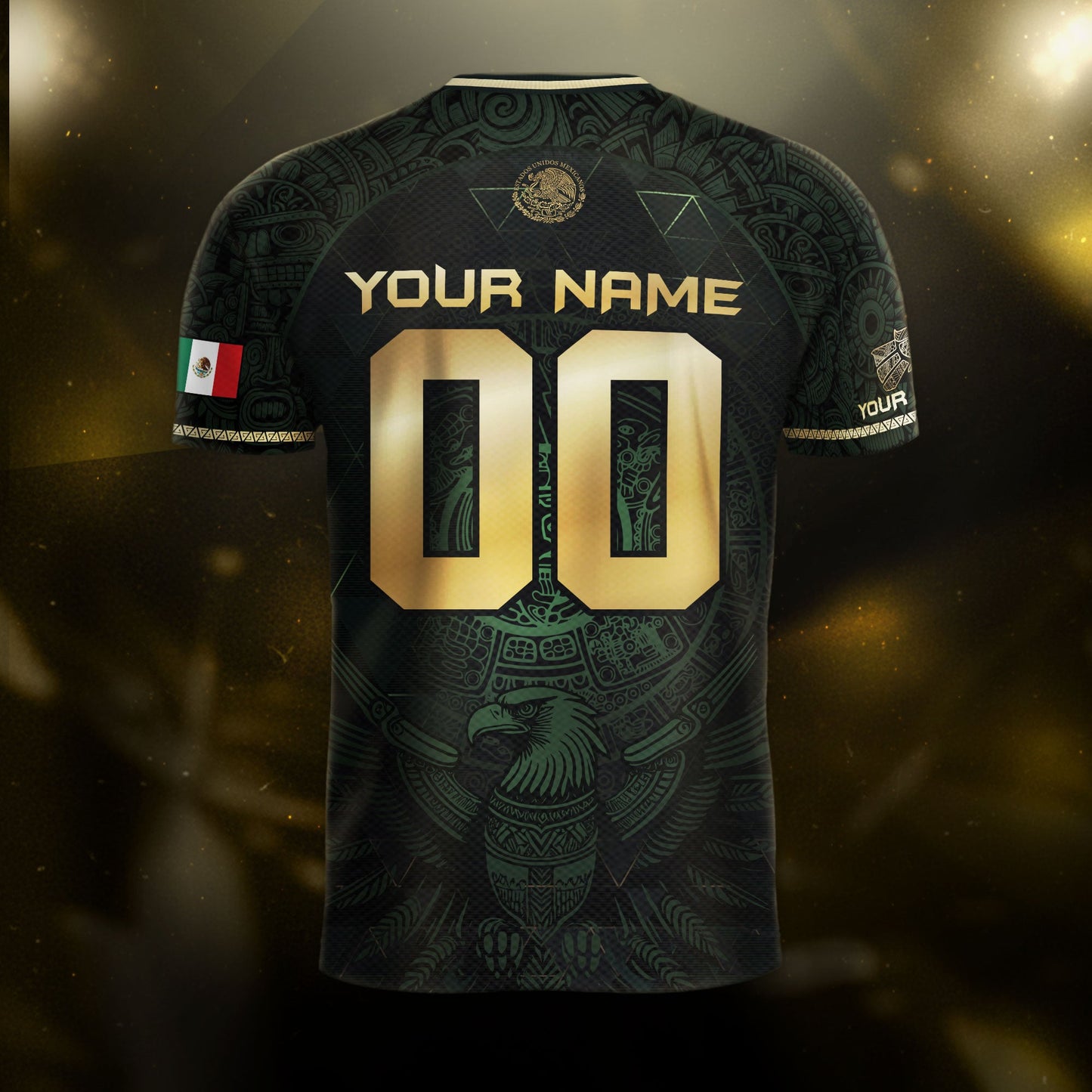 Custom Mexico Soccer Jersey Black Gold Heritage Aztec Calendar Design