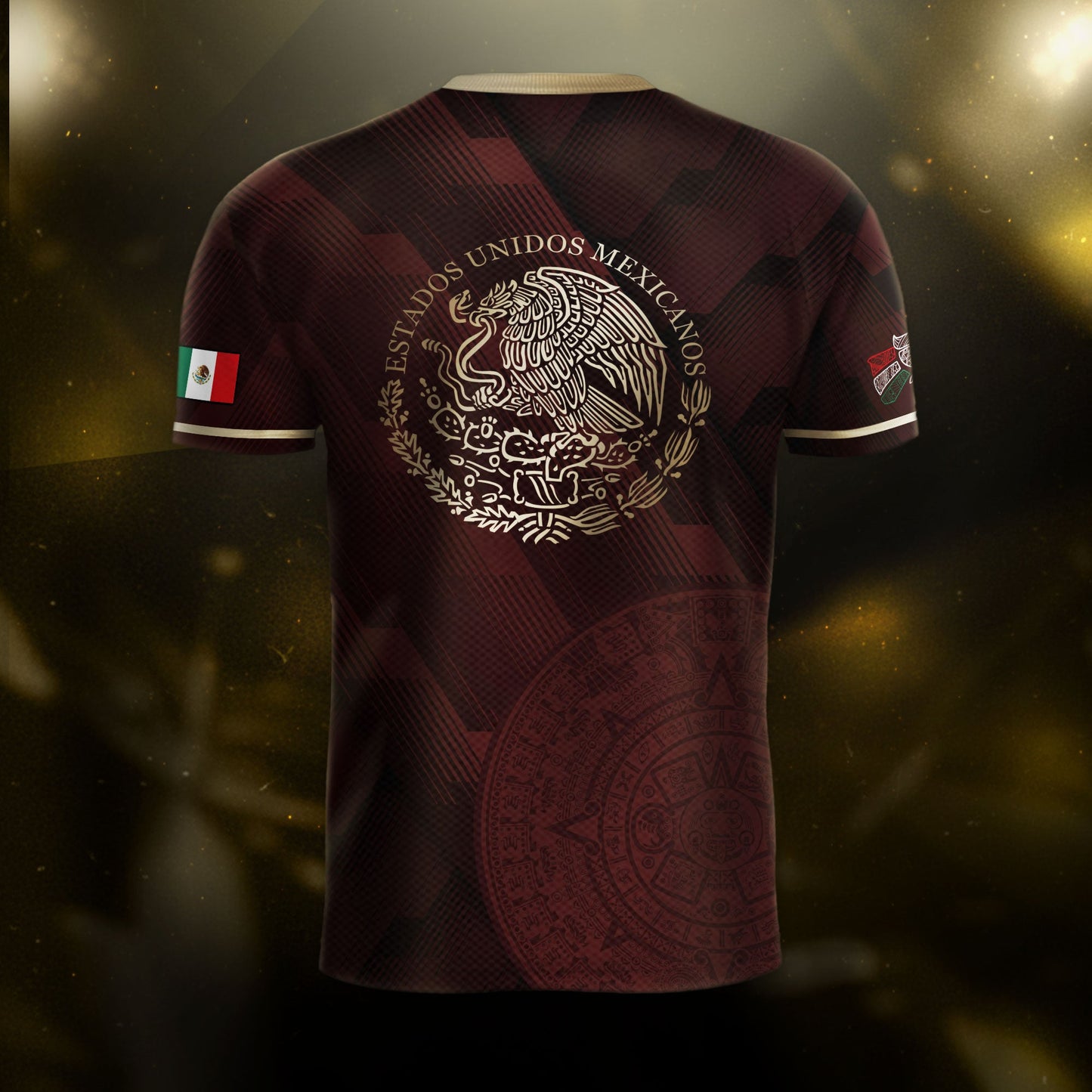 Mexico Burgundy Soccer Jersey with Golden Aztec Sunstone and Eagle Crest