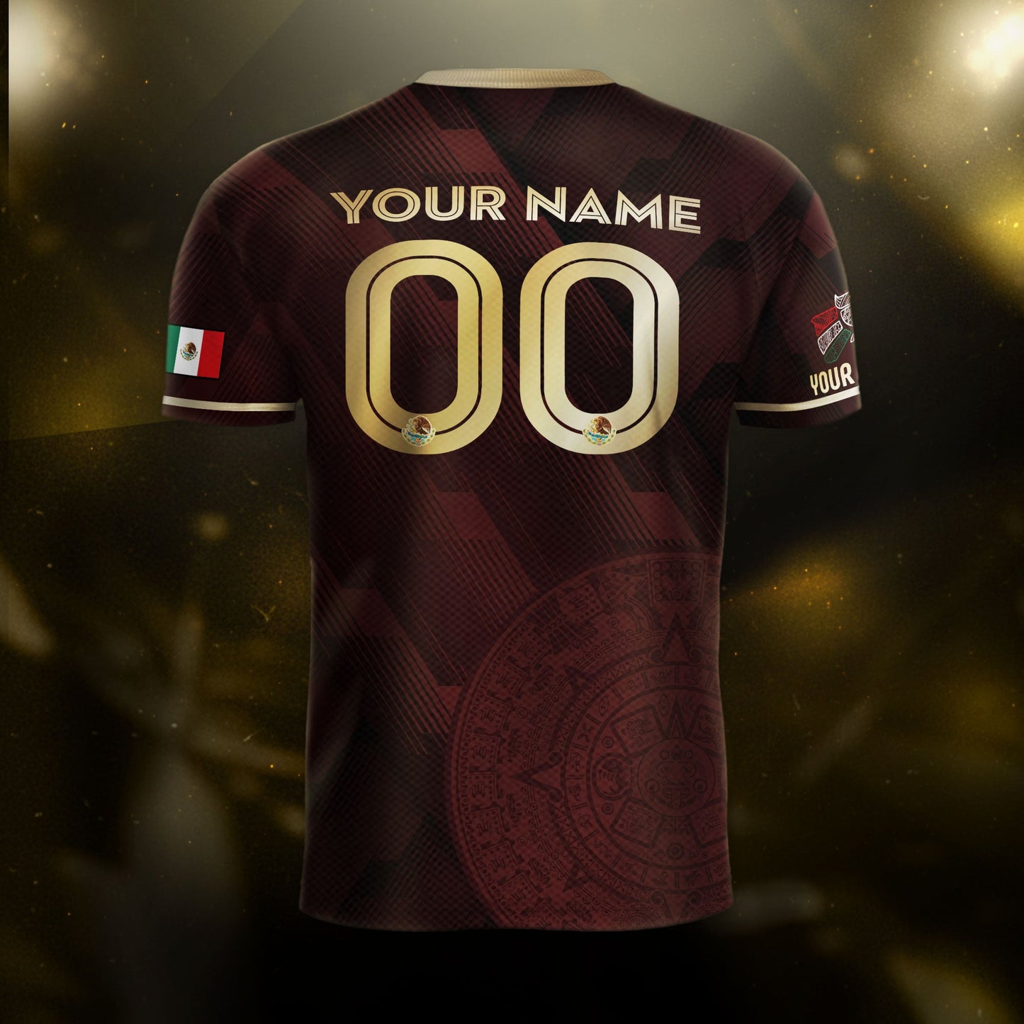 Custom Mexico Maroon Soccer Jersey with Golden Aztec Calendar Pattern