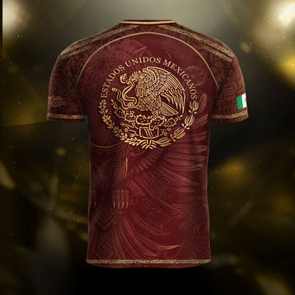 Mexico Soccer Jersey Red Gold Aztec Eagle & National Emblem