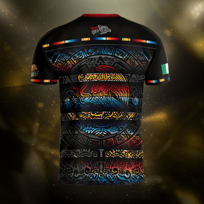 Mexico Soccer Jersey Black Aztec Calendar with Color Accents