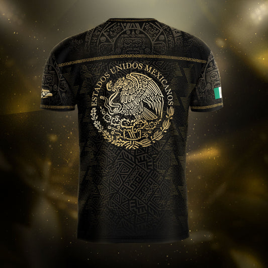 Mexico Soccer Jersey Black Gold Eagle & Snake Aztec Design