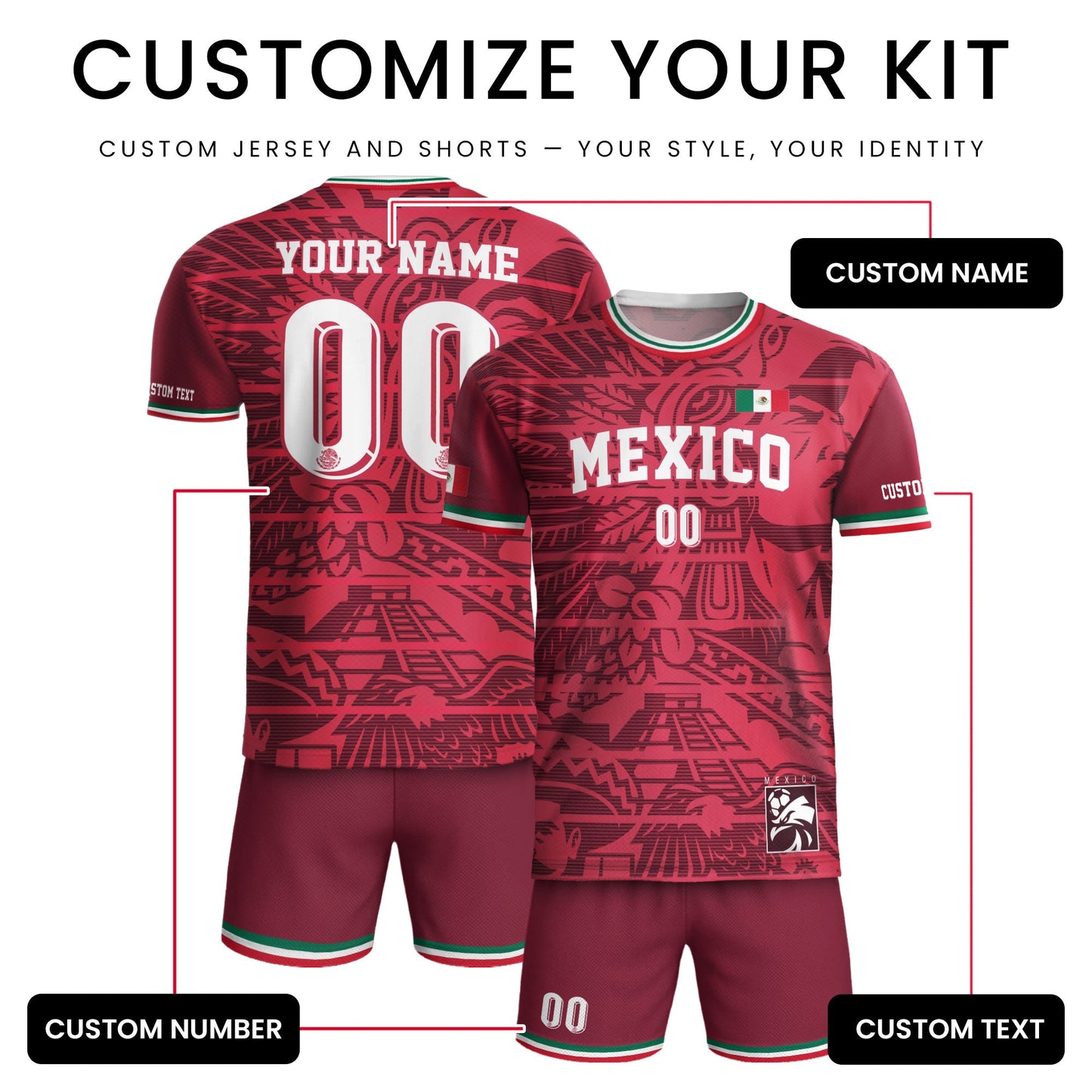Custom Mexico Burgundy Aztec Pattern Design Soccer Jersey