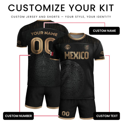 Custom Mexico Black Aztec Calendar Gold Edition Soccer Jersey