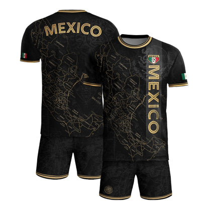Mexico Black Heritage Map Soccer Jersey with Golden Aztec Accents