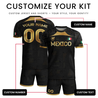 Custom Mexico Black Gold Soccer Jersey with Aztec Warrior Pattern