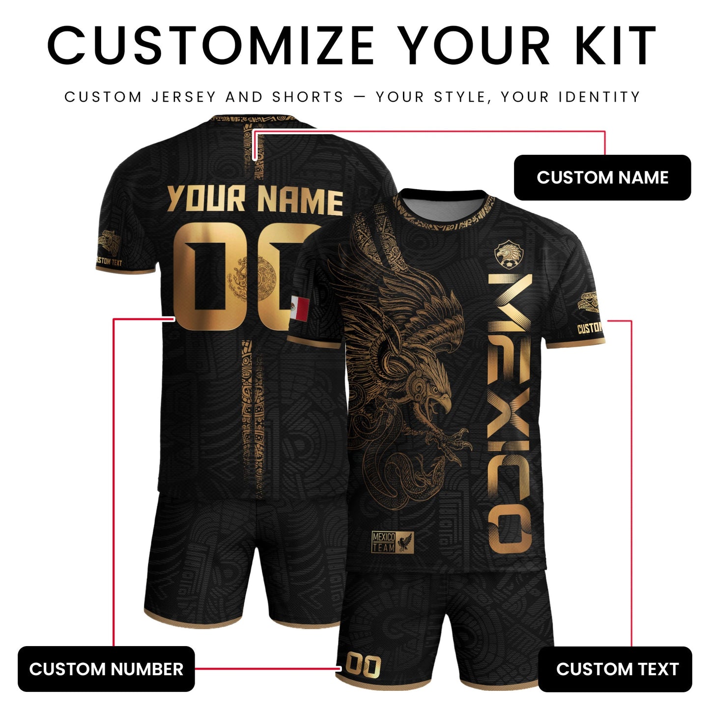 Custom Mexico Black Gold Soccer Jersey with Aztec Eagle Serpent Design