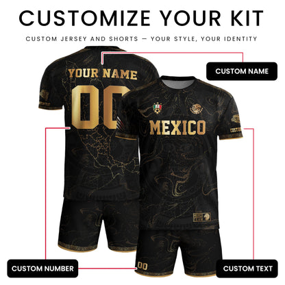 Custom Mexico Black Gold Soccer Jersey with Heritage Map and Aztec Pattern