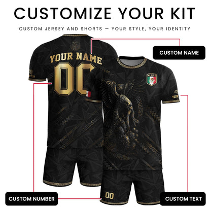 Custom Mexico Black Gold Eagle and Serpent Aztec Heritage Soccer Jersey