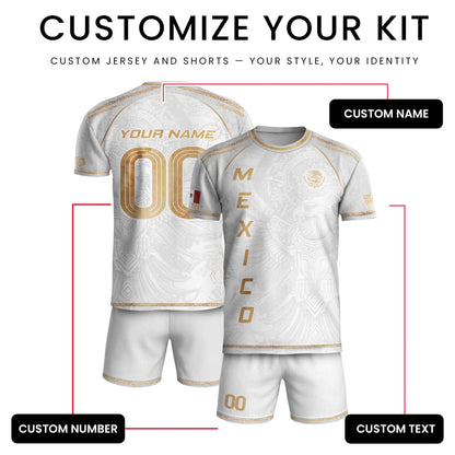 Custom Mexico Soccer Jersey White Gold Heritage Aztec Eagle Design