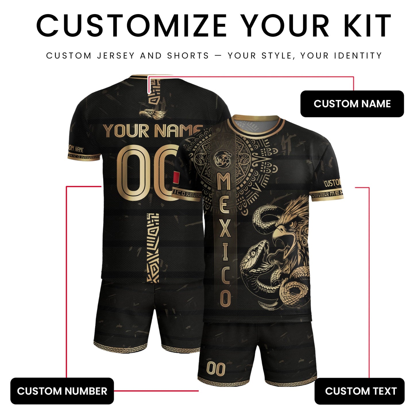 Custom Mexico Jersey Black Gold Eagle Serpent Aztec Warrior Design