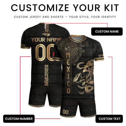 Custom Mexico Jersey Black Gold Eagle Serpent Aztec Warrior Design