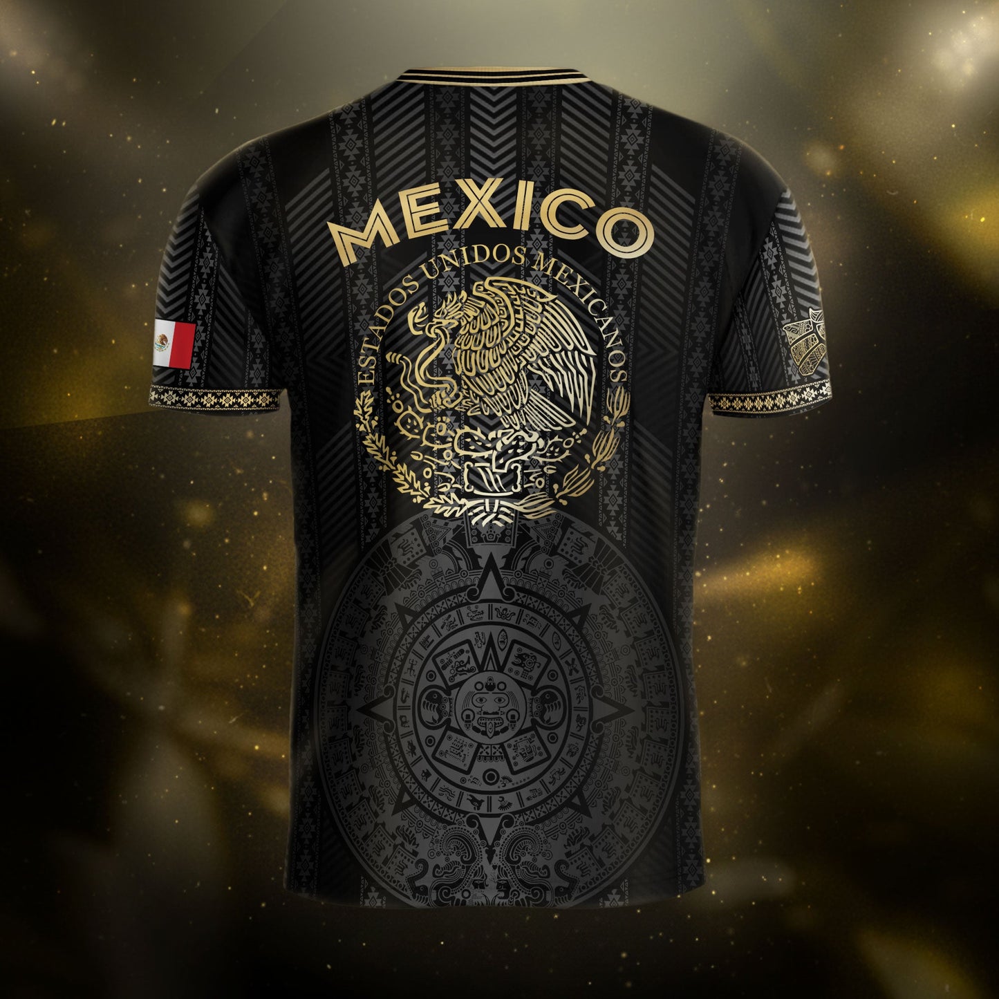 Mexico Soccer Jersey Black Gold Aztec Calendar Design