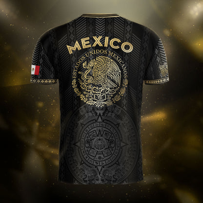 Mexico Soccer Jersey Black Gold Aztec Calendar Design
