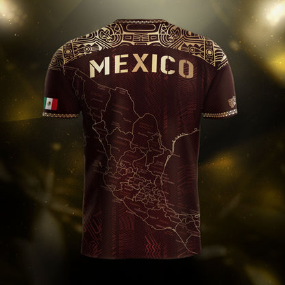 Mexico Soccer Jersey Burgundy Map Aztec Pattern Heritage Golden Details Design